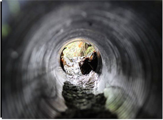Inside a drainage pipe looking out to daylight, water flowing