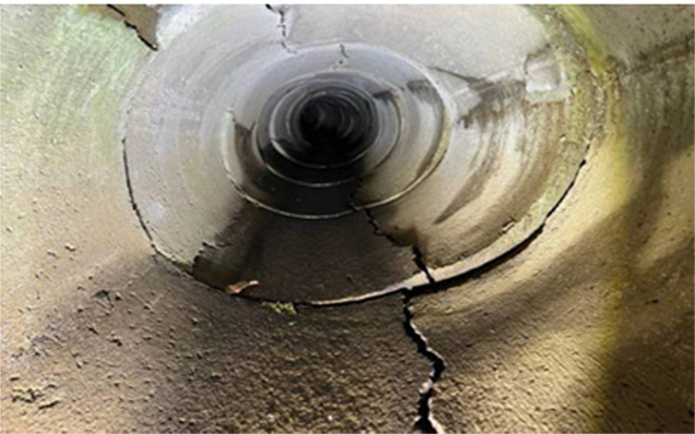 Cracked pipe interior captured during a CCTV condition survey