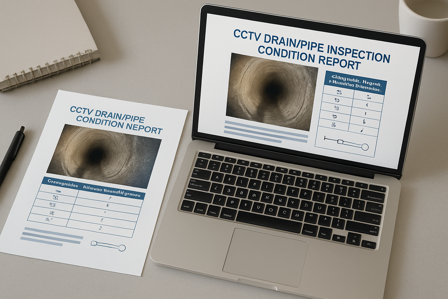 Example DIS CCTV pipe inspection condition report — printed pages and on a laptop, with pipe-interior imagery and coded defect grading
